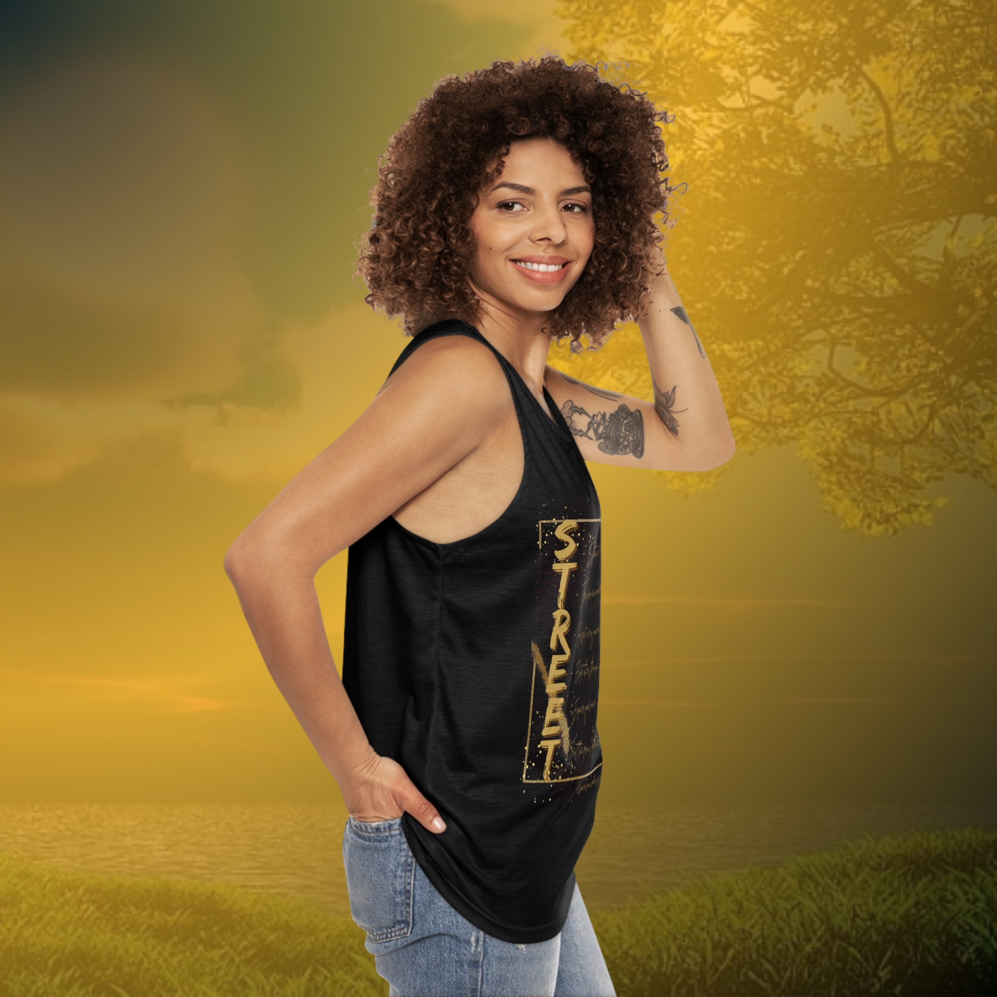 Woman wearing a black EssenceInnoCreate tank top with gold text design on a white background