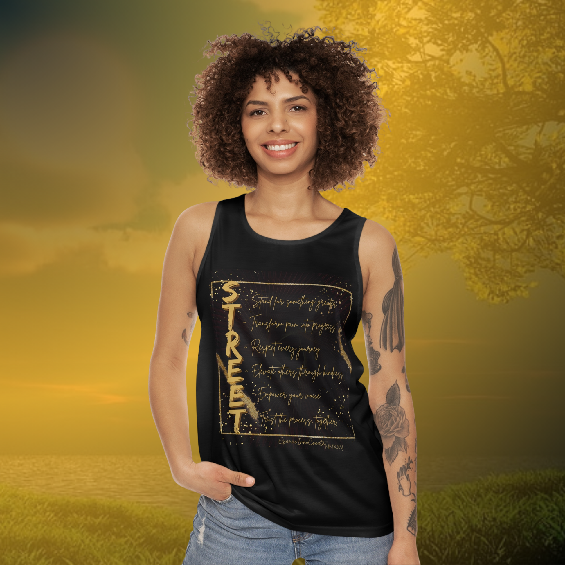 Woman wearing a black EssenceInnoCreate tank top with gold text design on a white background