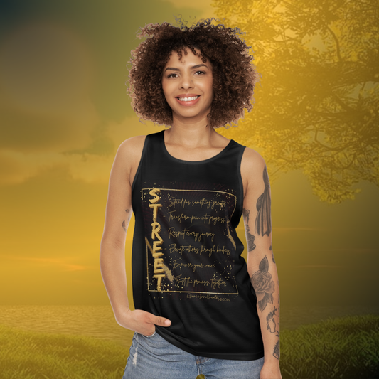 Woman wearing a black EssenceInnoCreate tank top with gold text design on a white background