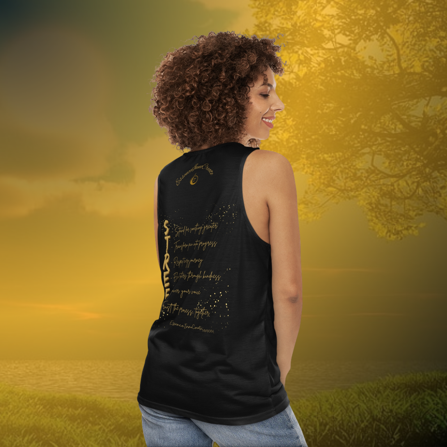 Woman wearing a black EssenceInnoCreate tank top with 'STREET' print on a white background