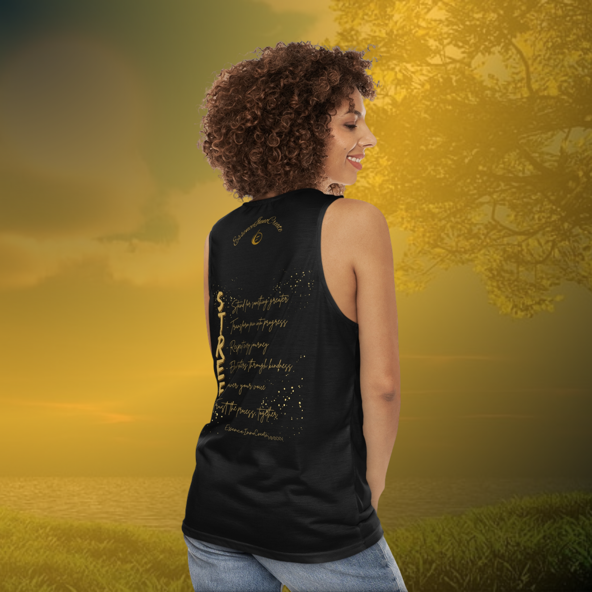 Woman wearing a black EssenceInnoCreate tank top with 'STREET' print on a white background