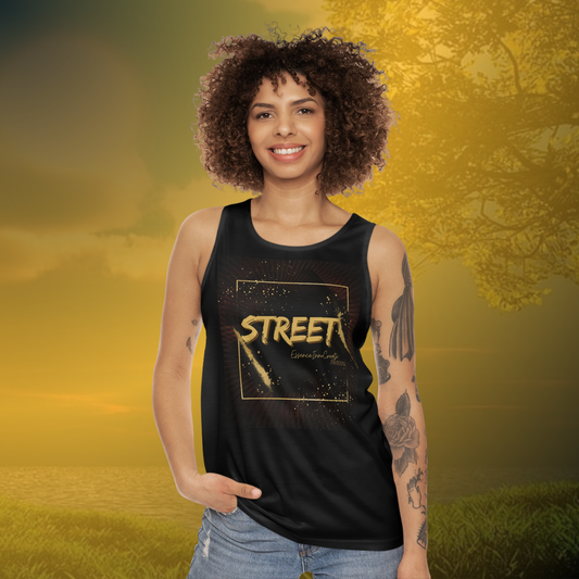 Woman wearing a black EssenceInnoCreate tank top with 'STREET' print on a white background