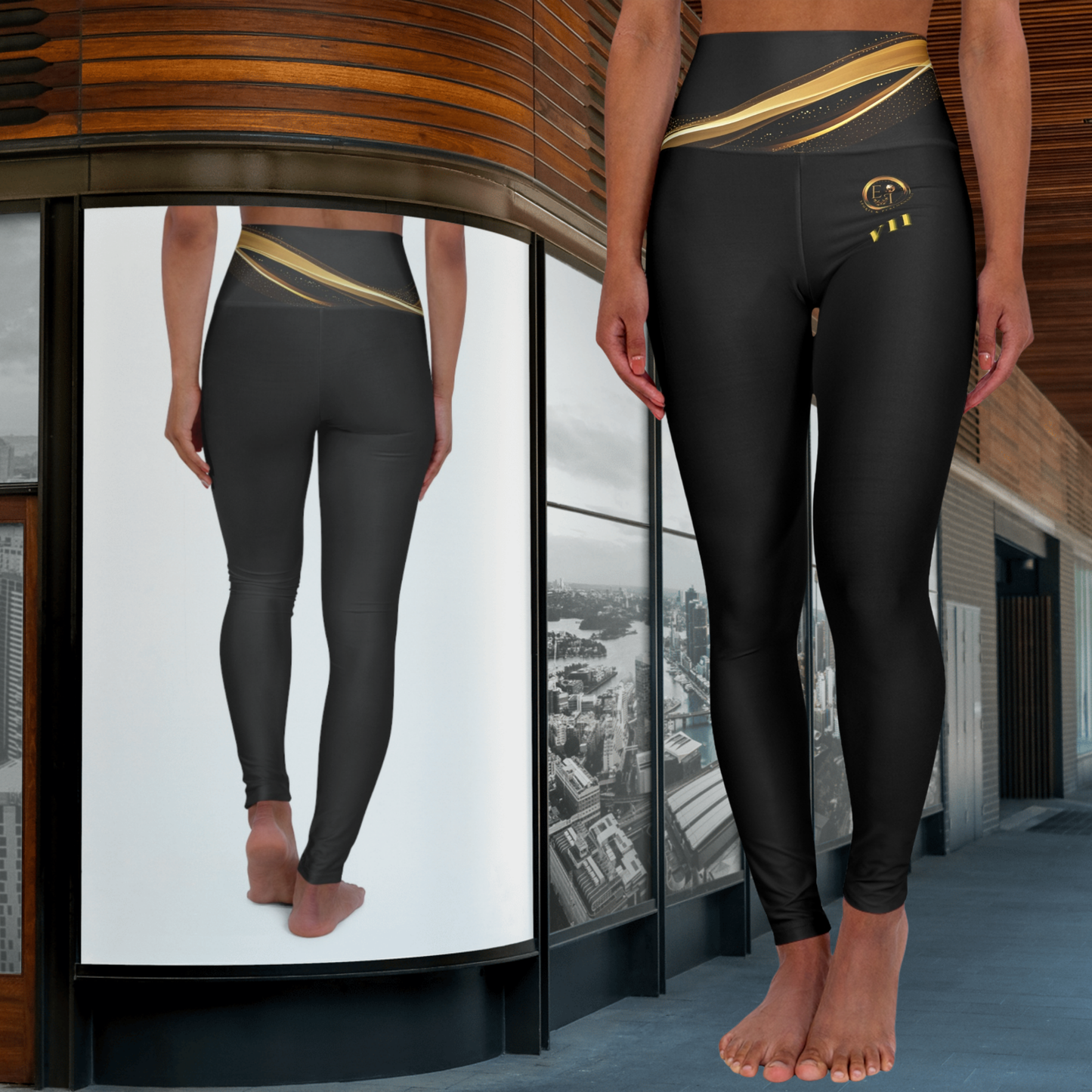 Person wearing black Essence Innovation leggings with gold accents, standing in front of a glass wall with cityscape view.