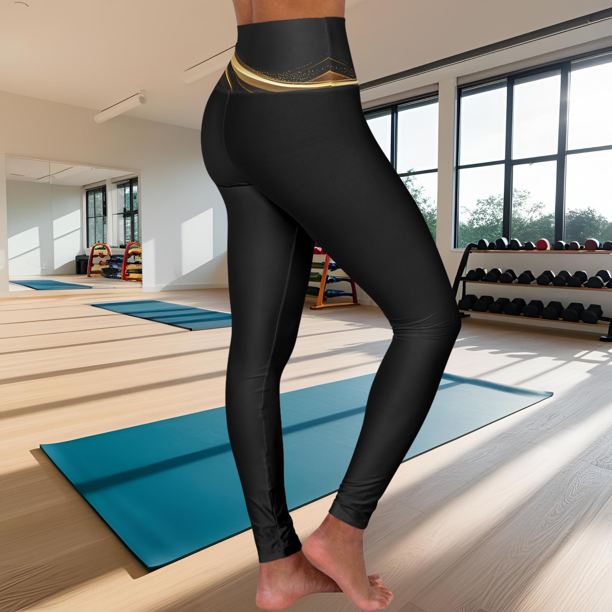 Person wearing black Essence Innovation leggings in a gym setting with exercise equipment and windows.