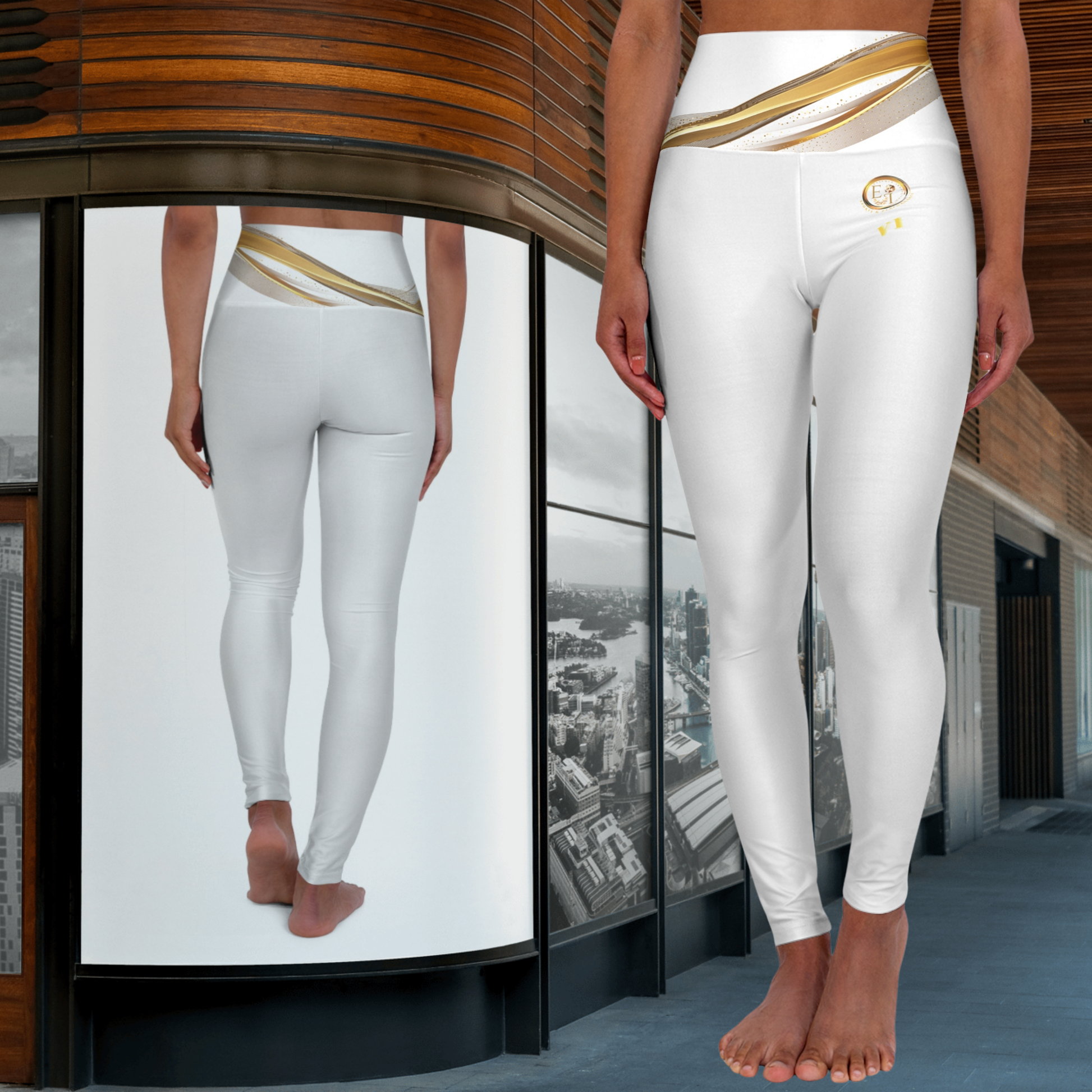 Person wearing white Essence Innovation leggings with gold accents in an urban setting