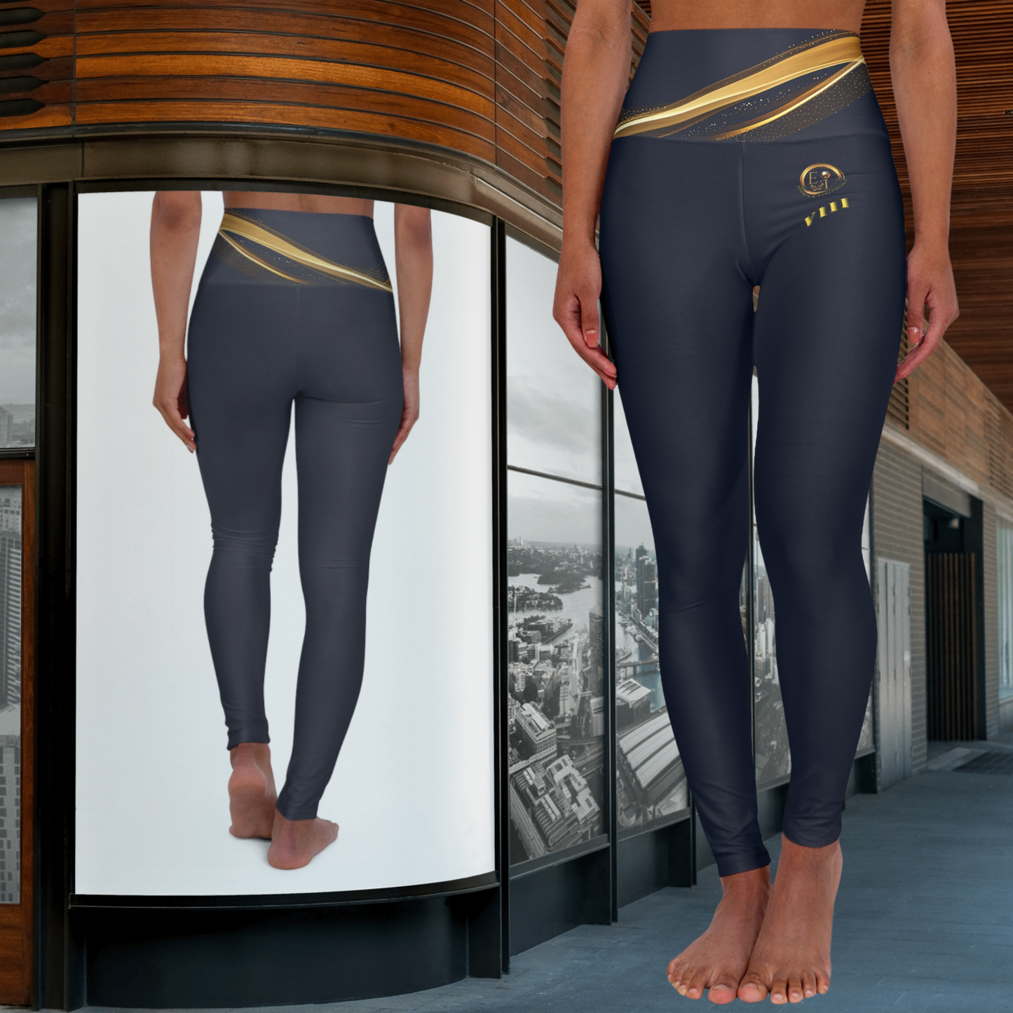 Person wearing black Essence Innovation leggings with gold accents, standing in front of a glass wall with cityscape view.