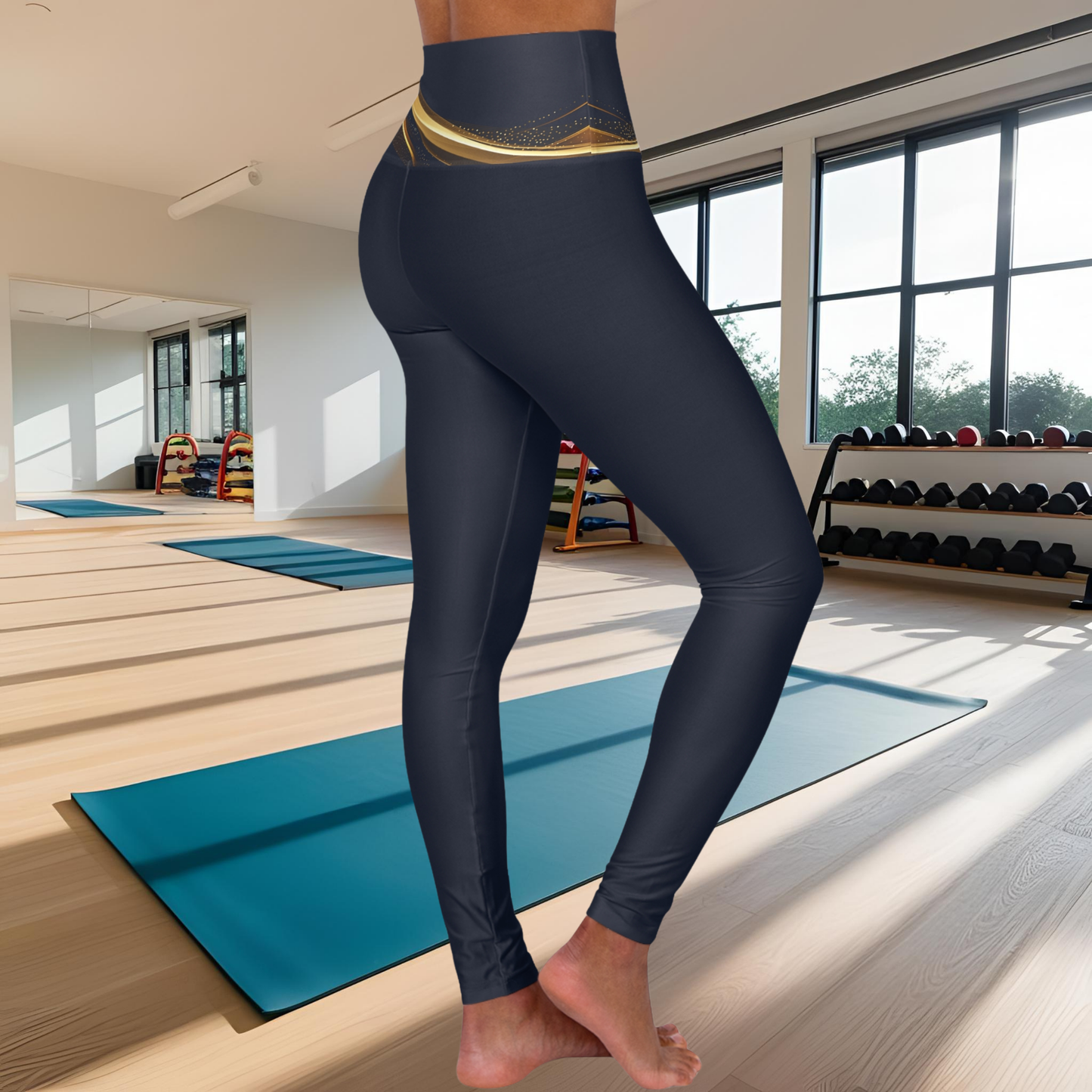 Person wearing dark Essence Innovation blue leggings with a gold waistband in a gym setting
