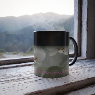 Heat Reactive Coffee Mug with ghost orchid design, 11oz ceramic mug that reveals hidden artwork when warm.