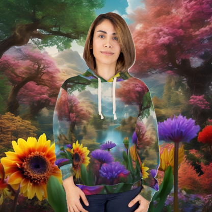 Enchanted Forest Pullover Hoodie with blooming flowers and mystical forest scene.