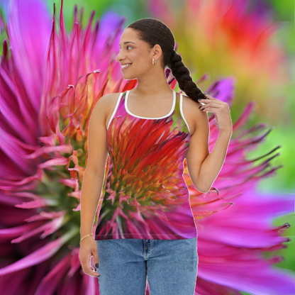 Fiery Bloom Tank Top featuring vibrant floral design, perfect for active we