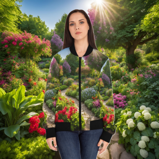 Vibrant floral Garden Path Bomber Jacket with stand-up collar and copper zipper.