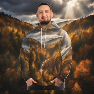 Golden Valley Hoodie with a vibrant autumn landscape print