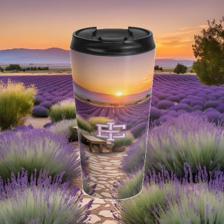 Morning Glow Lavender Tumbler, 15oz stainless steel, with lavender field design and secure screw-on lid.