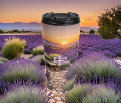 Morning Glow Lavender Tumbler, 15oz stainless steel, with lavender field design and secure screw-on lid.