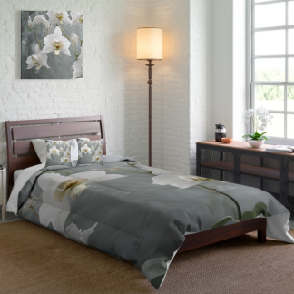 Ghost Orchid Comforter with floral print design, available in three sizes for a serene and elegant bedroom decor.