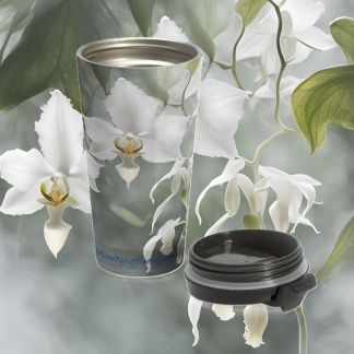 EI Stainless Steel Travel Mug with Ghost Orchids design, 15oz insulated for coffee and tea lovers.