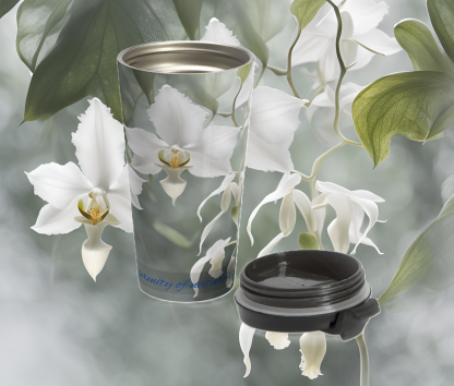 EI Stainless Steel Travel Mug with Ghost Orchids design, 15oz insulated for coffee and tea lovers.