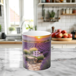 Morning Glow Lavender Mug, 11oz heat-reactive ceramic mug with lavender field design.