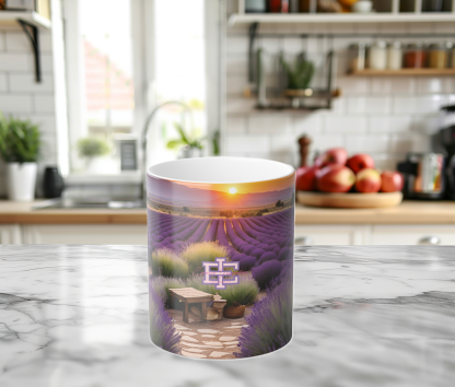 Morning Glow Lavender Mug, 11oz heat-reactive ceramic mug with lavender field design.