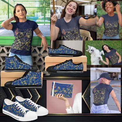 Floral Butterfly T-Shirt Navy – Botanical Cotton Tee for Women